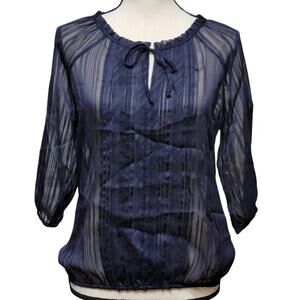 Express Blue Sheer Blouse Womens Sz S Tonal Stripe 3/4 Sleeve Tie Neck Top Shirt